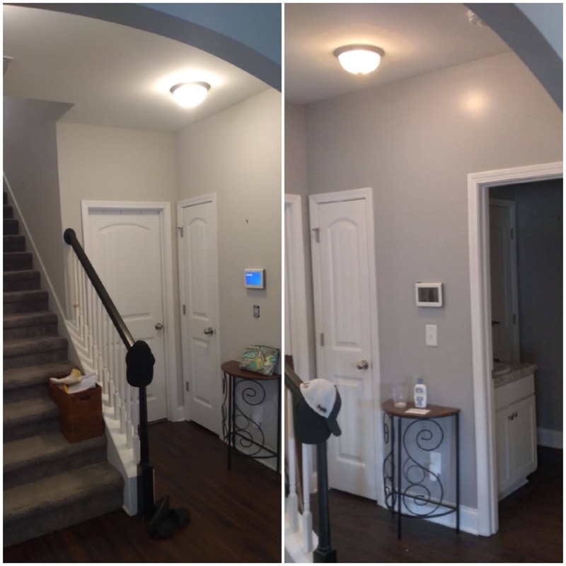 Before-and-after of an interior stairwell and hallway repaint