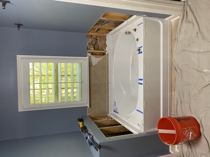 Bathroom with the garden tub surround opened up during a remodel
